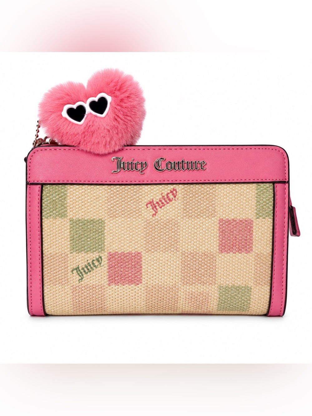 Juicy Couture Pink Trim Woven Clutch Wristlet with Heart Pom Charm